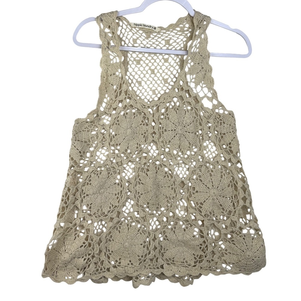 Hippie Laundry Beige Crochet Floral Medallion Tank Top Ramie Cotton BT1456 Large